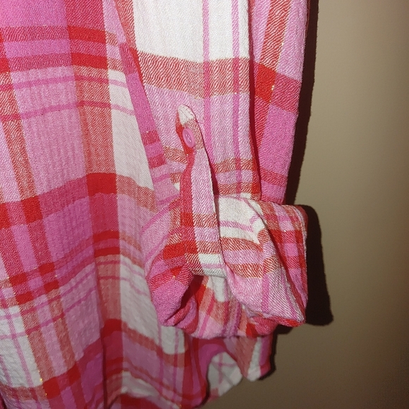 Cato Pink and Red Plaid Button-Up Shirt W/button Sleeves, Size M Nwt - Picture 5 of 6